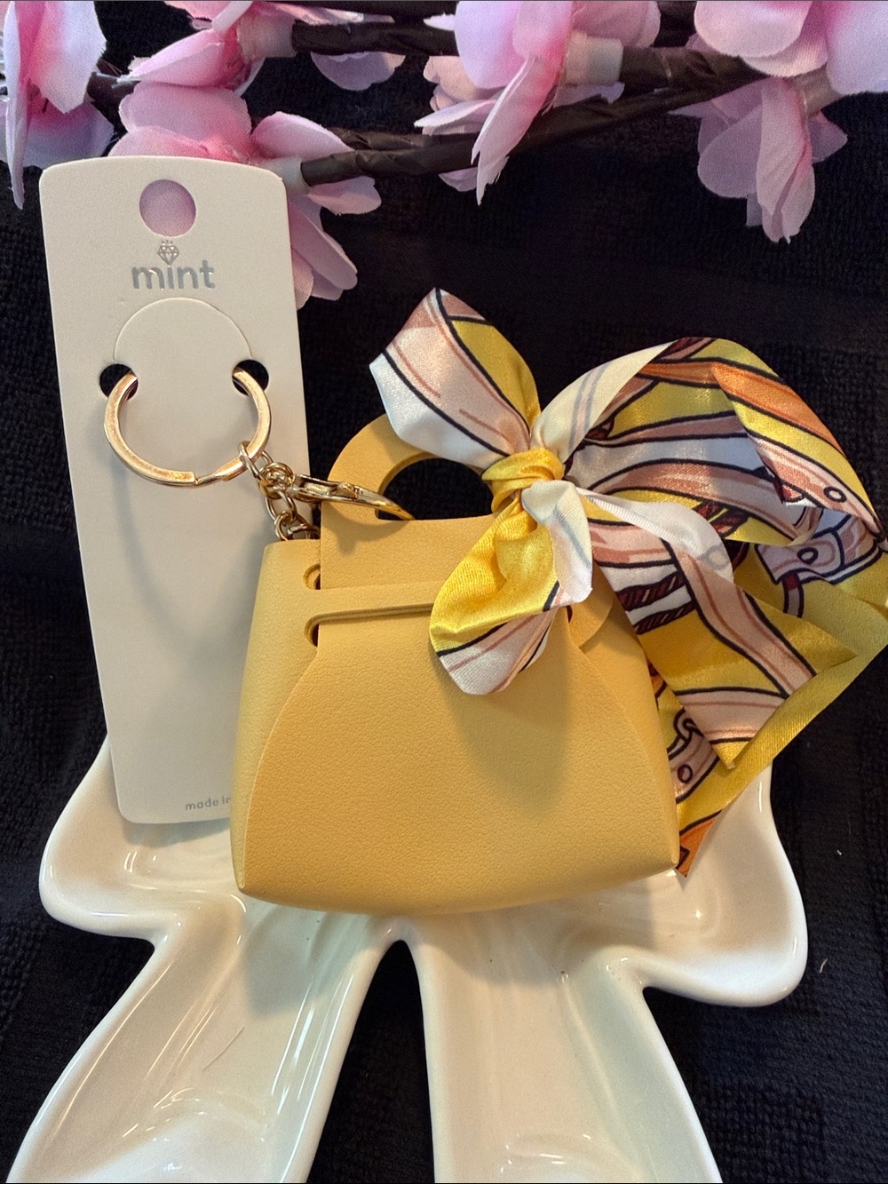Mint Yellow Mini Top-Handle Bag Charm with Patterned Scarf